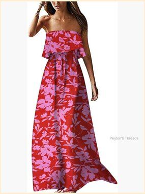 Off Shoulder Maxi Dress Ruffle Strapless Boho Casual Loose Long Dress
